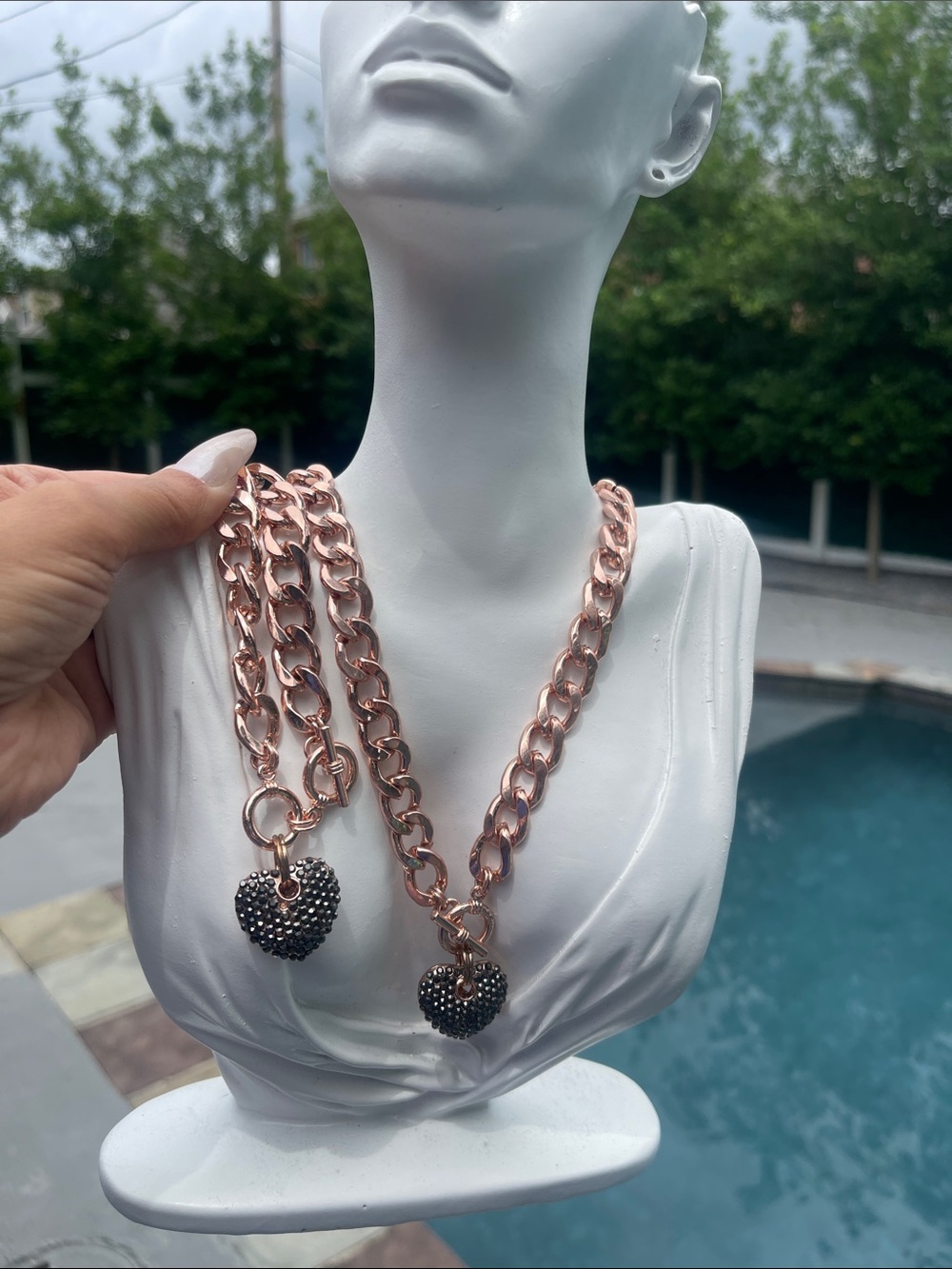 Rose Gold Chain and bracelet  with Black Pave Heart Pendant